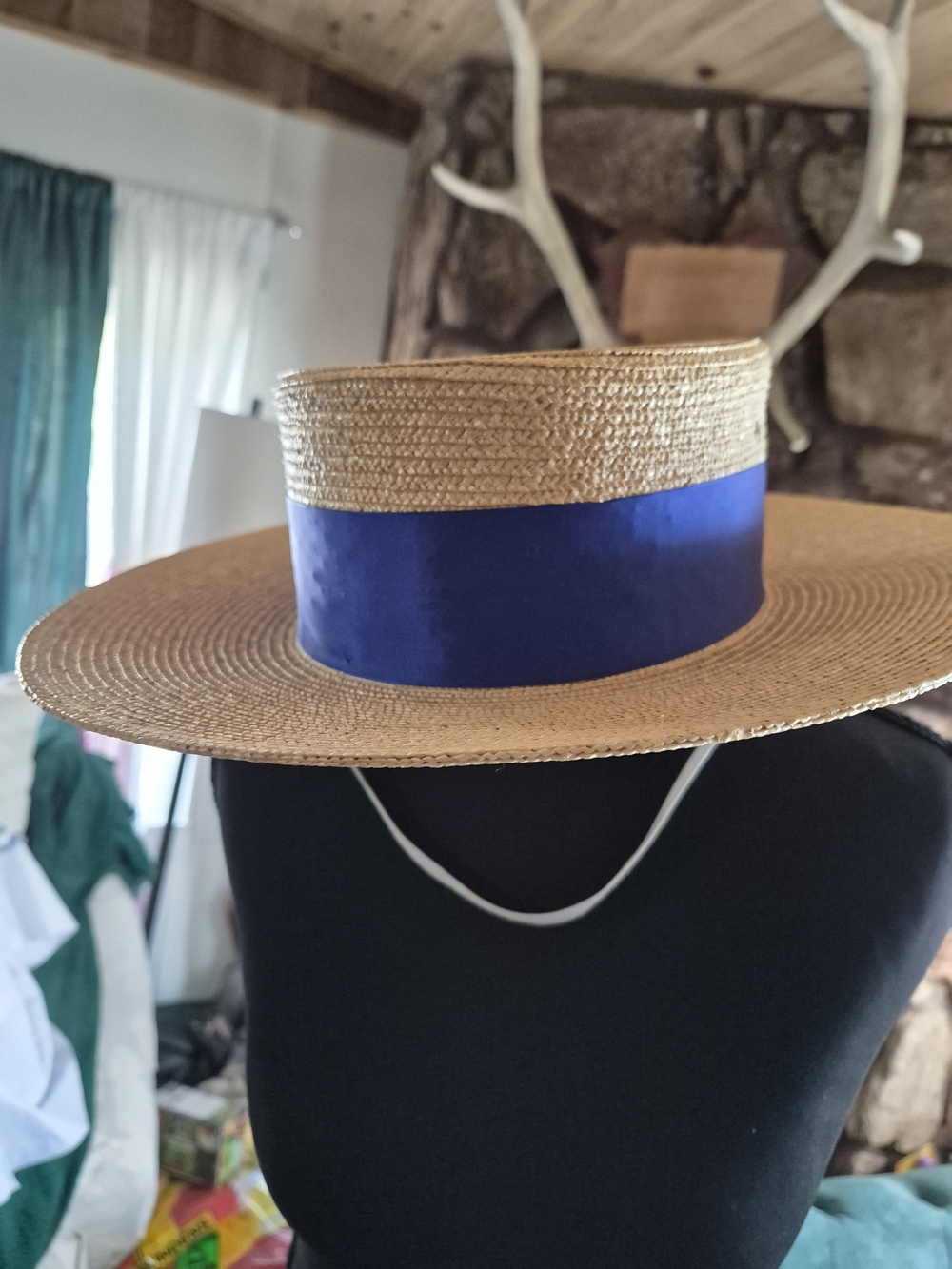 Classic Straw Boater Hat with Royal Blue Band